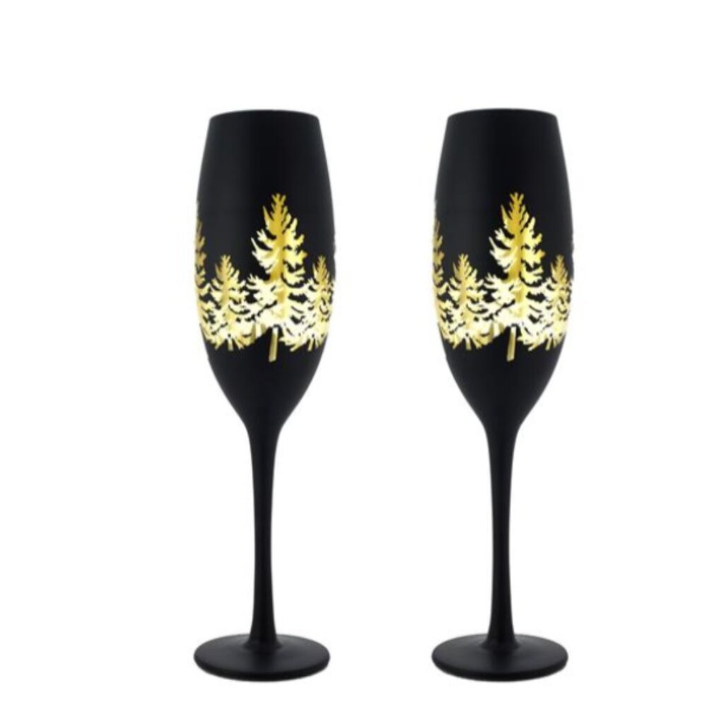 SET OF TWO BLACK AND GOLD CHAMPAGNE GLASSES NWOT